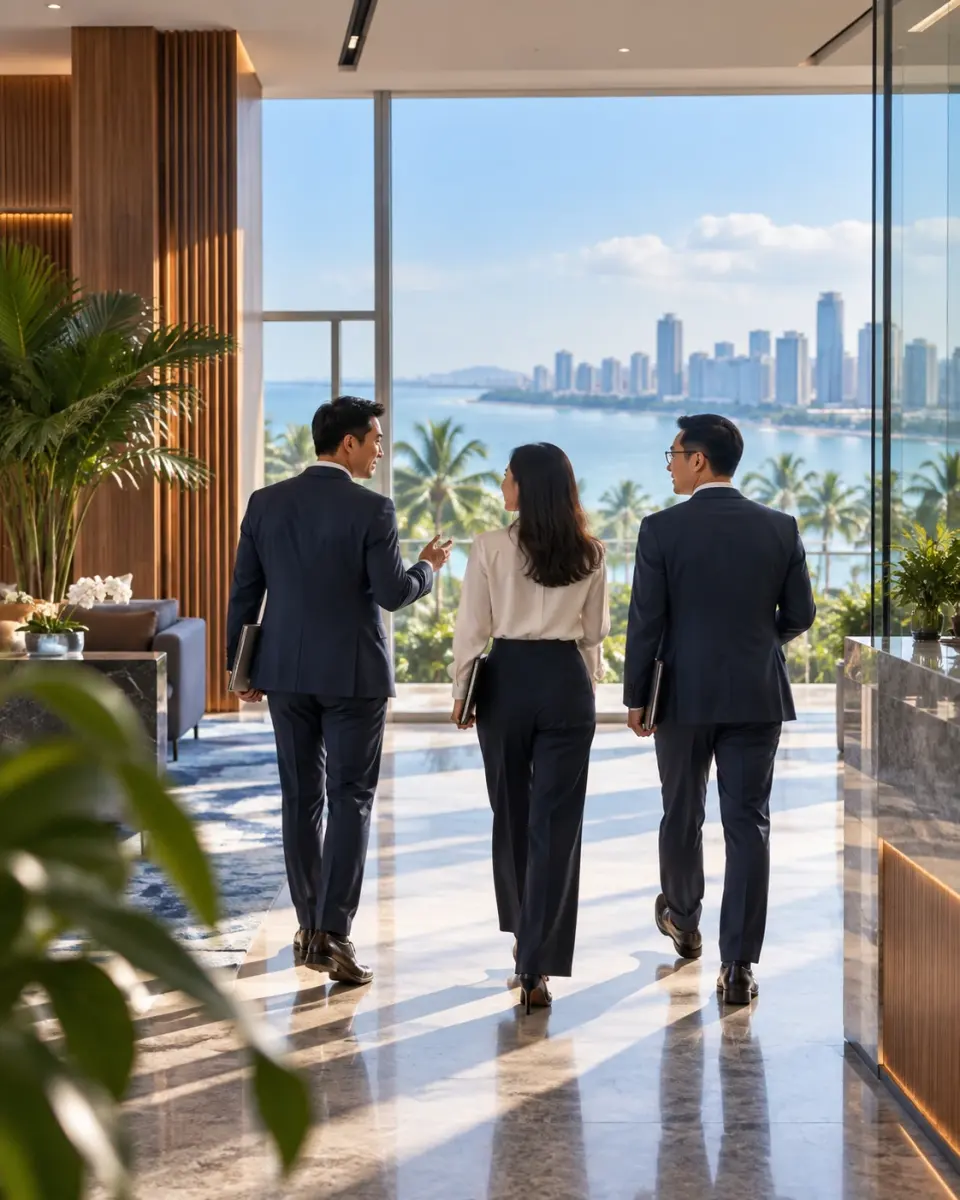 Three business advisers overlooking a tropical coastal city