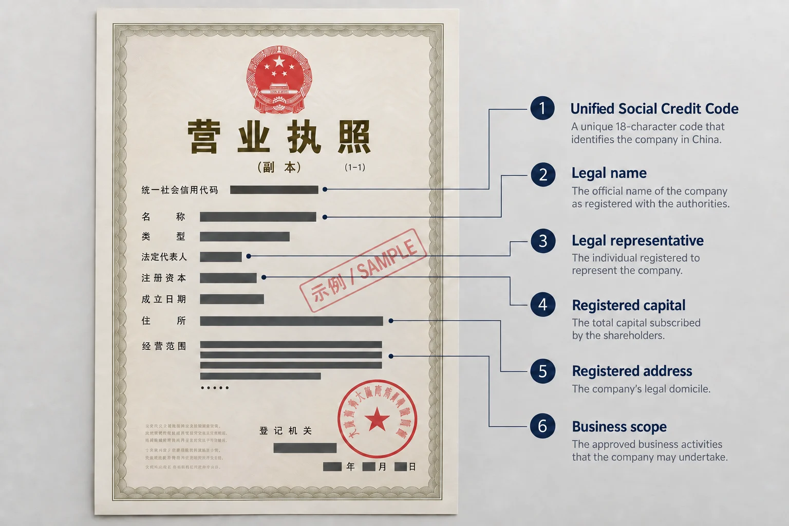Annotated fictional and redacted Chinese business licence specimen showing the credit code, legal name, legal representative, registered capital, address and business scope