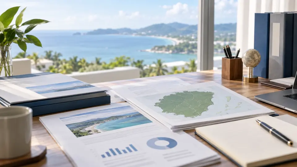 Hainan business planning documents with maps and charts on a consultant desk