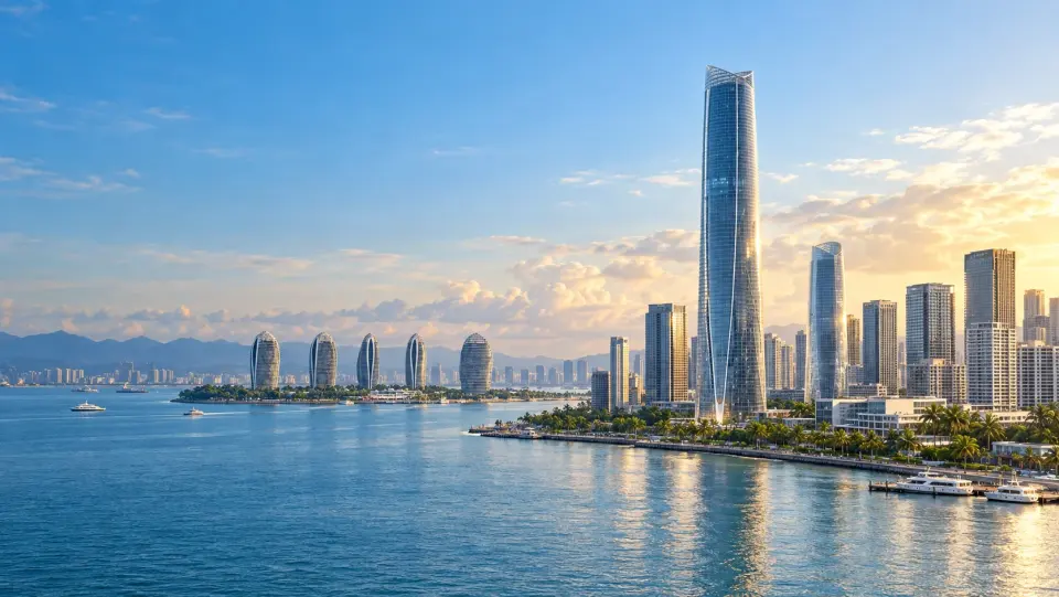Hainan waterfront skyline with modern business towers and Phoenix Island in the distance