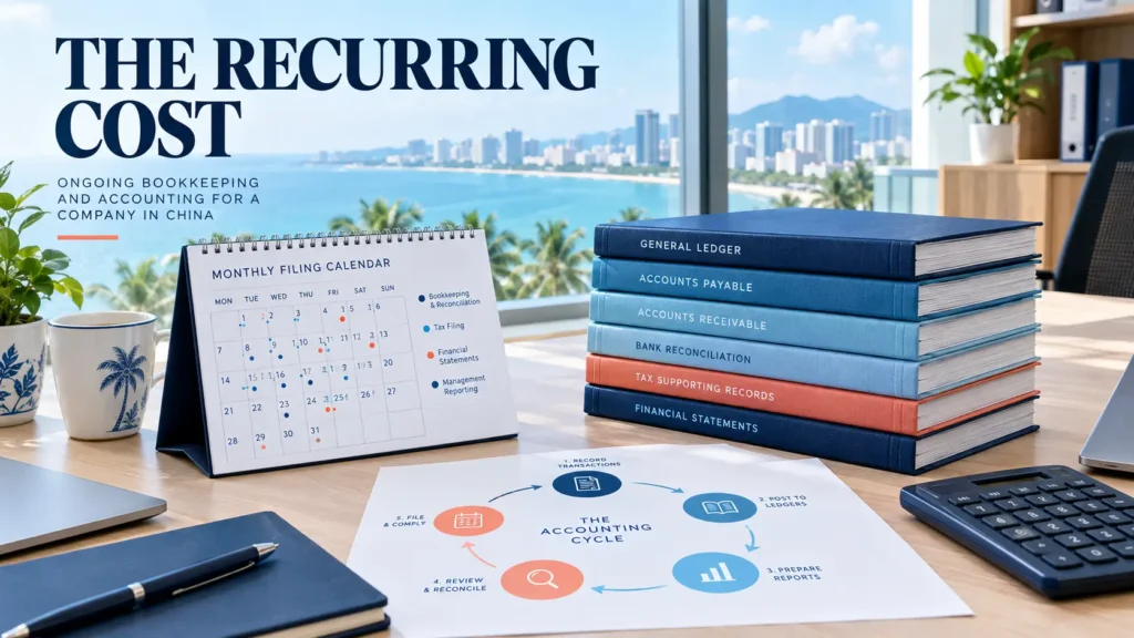 Monthly filing calendar and accounting ledgers representing recurring bookkeeping work for a China company