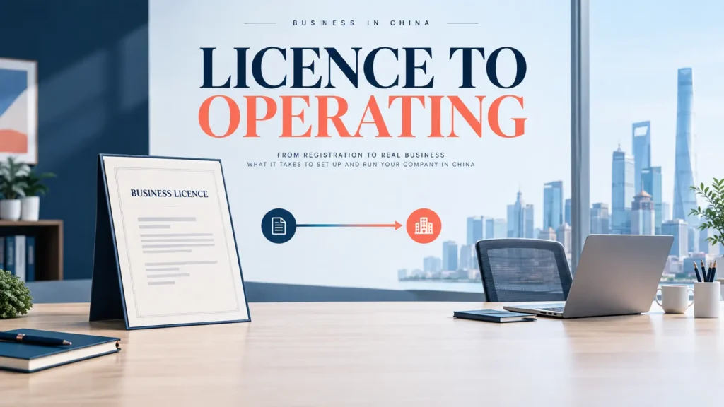 Business licence and operating setup shown as two stages of a China company registration budget