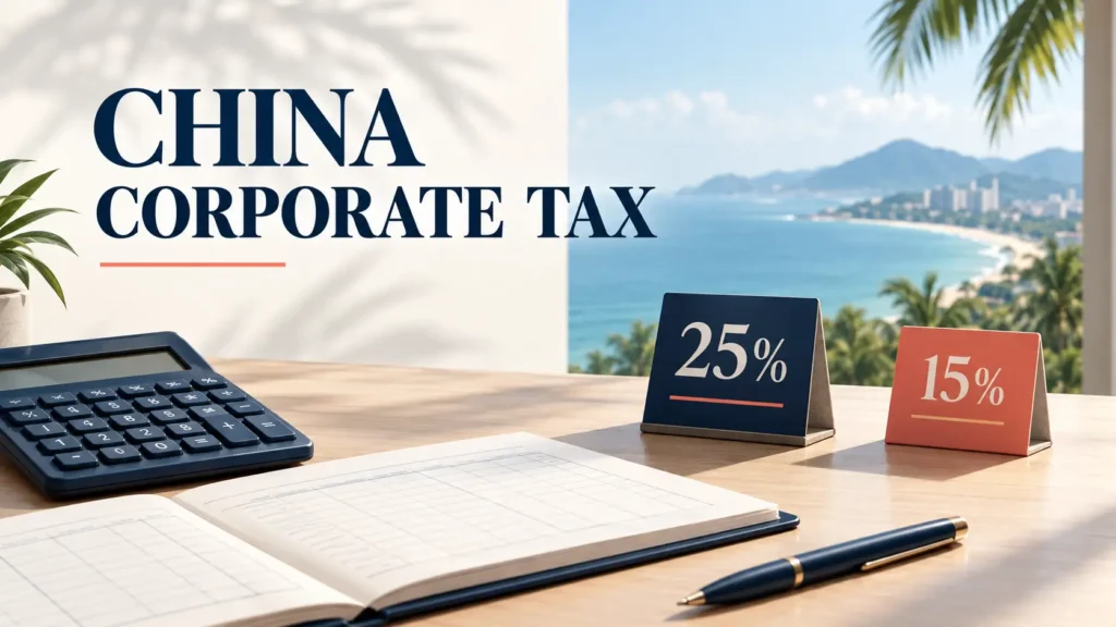 Calculator, company ledger and corporate tax rate notes on the desk of a foreign-owned business in China