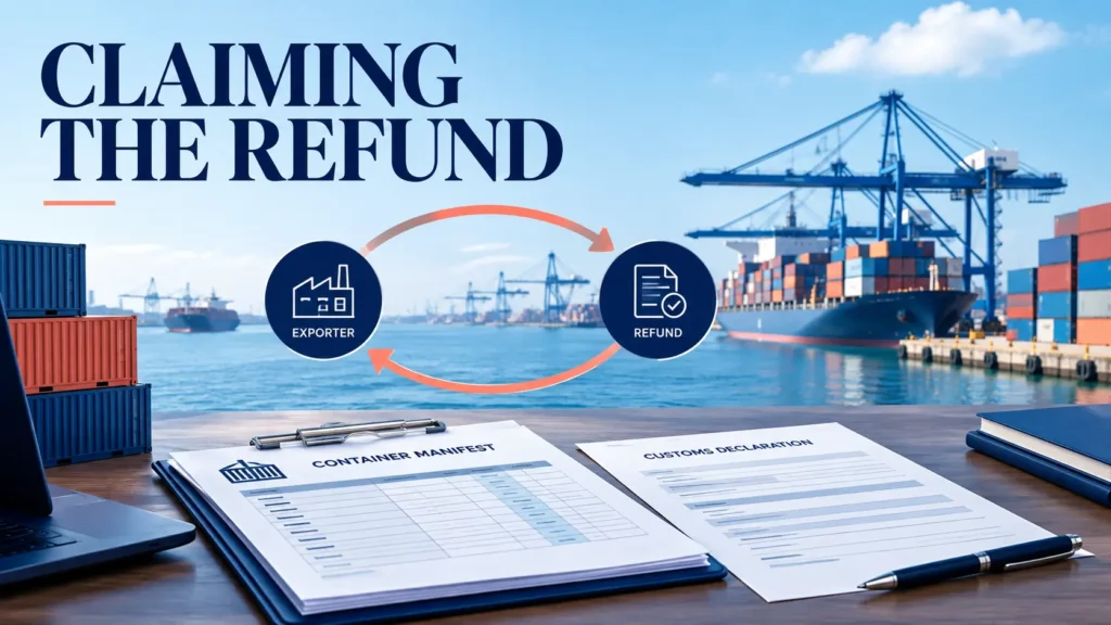 Customs declaration and container manifest with a refund flow arrow representing the China export tax rebate