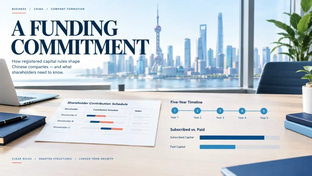 Shareholder contribution schedule and five-year timeline used to plan registered capital for a China company