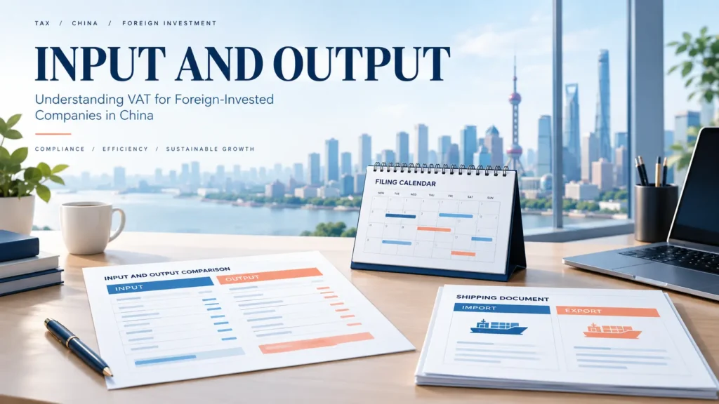 Input and output comparison sheet with a periodic filing calendar and shipping document on a China finance desk