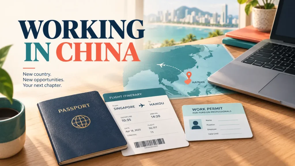 Passport, work permit documents and travel itinerary prepared for a foreign founder moving to China