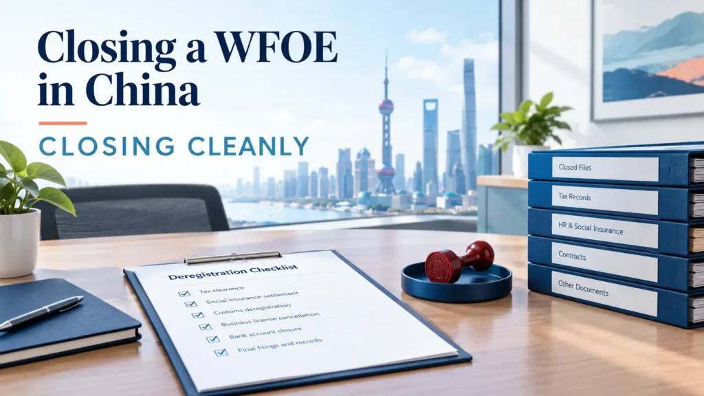 Deregistration checklist and a company seal set aside on a desk during a WFOE closure in China