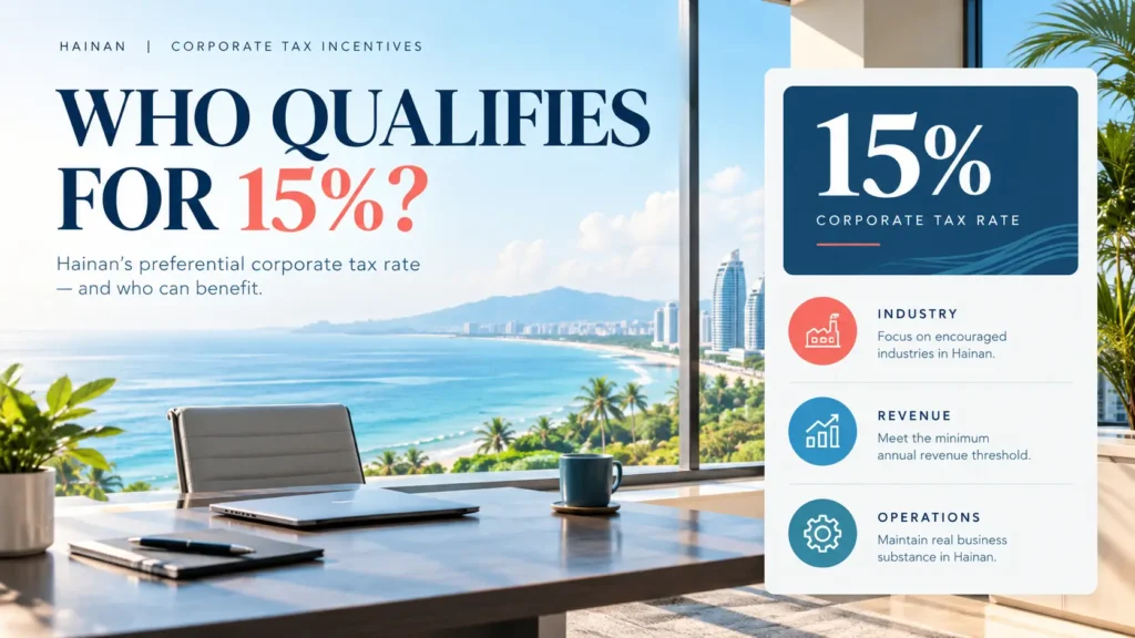 Fifteen percent corporate tax rate beside industry, revenue and substantive operation eligibility checks for Hainan