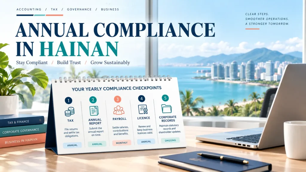 Annual calendar with tax, reporting, payroll, licence and corporate record deadlines for a Hainan company