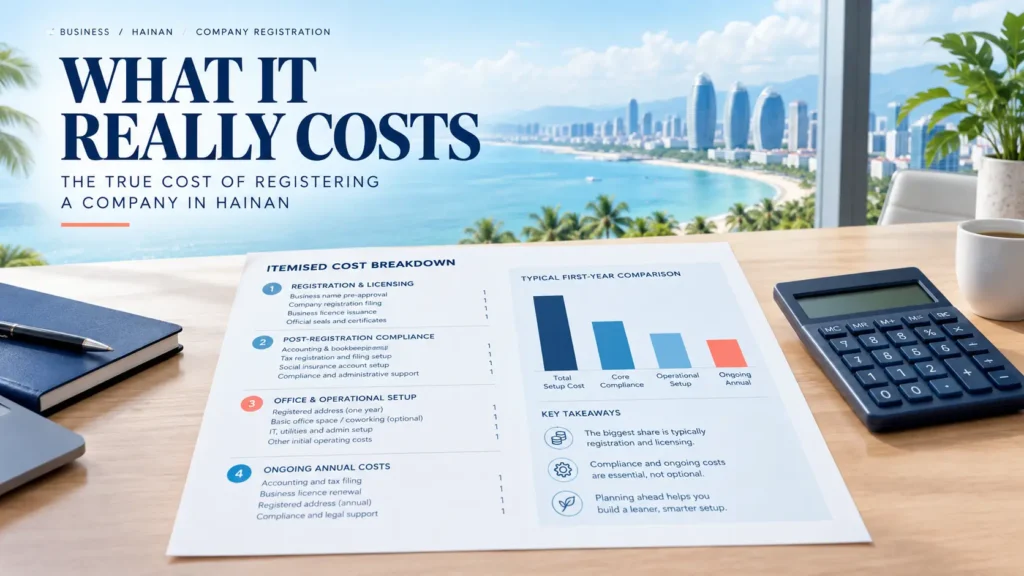 Itemised cost breakdown sheet and calculator used to plan a Hainan company registration budget