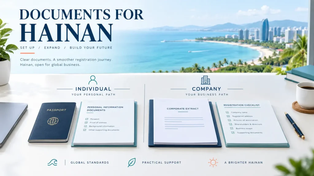Passport, overseas company extract and incorporation checklist arranged on a desk in Hainan