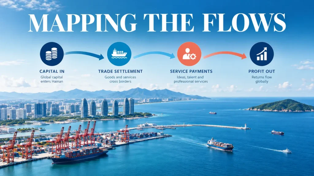 Four-route diagram showing capital, trade settlement, service payments and profit flows for a Hainan company