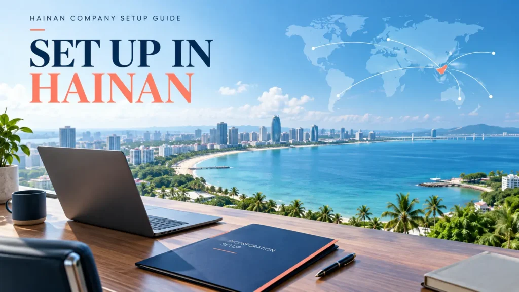 Foreign founder reviewing a company formation plan in a modern Hainan office overlooking the coast