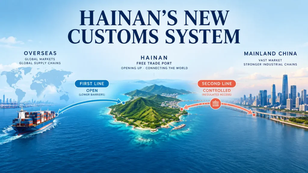 Trade routes connecting overseas markets, Hainan and mainland China through the first and second customs lines