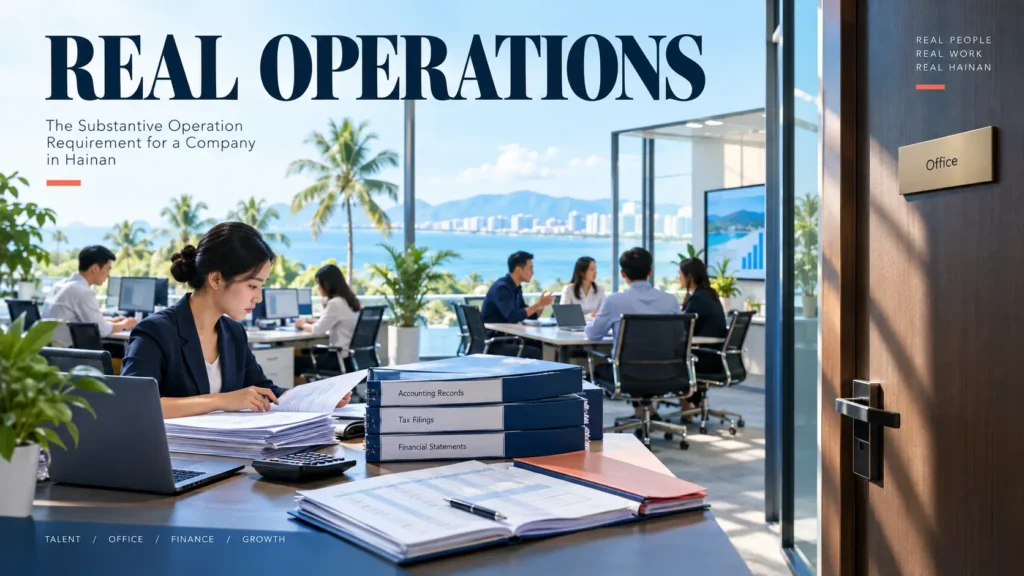 Working Hainan office with staff, local records and management activity representing substantive operation