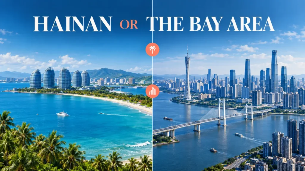 Split composition comparing a Hainan coastal skyline with a Greater Bay Area cityscape as company locations