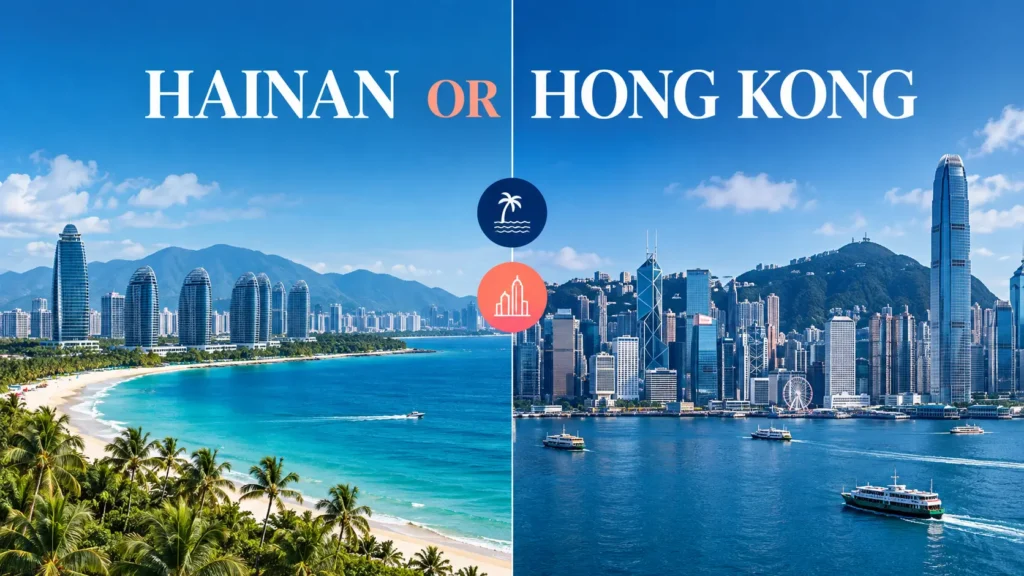 Split composition comparing a Hainan coastal skyline with a Hong Kong harbour skyline as company locations