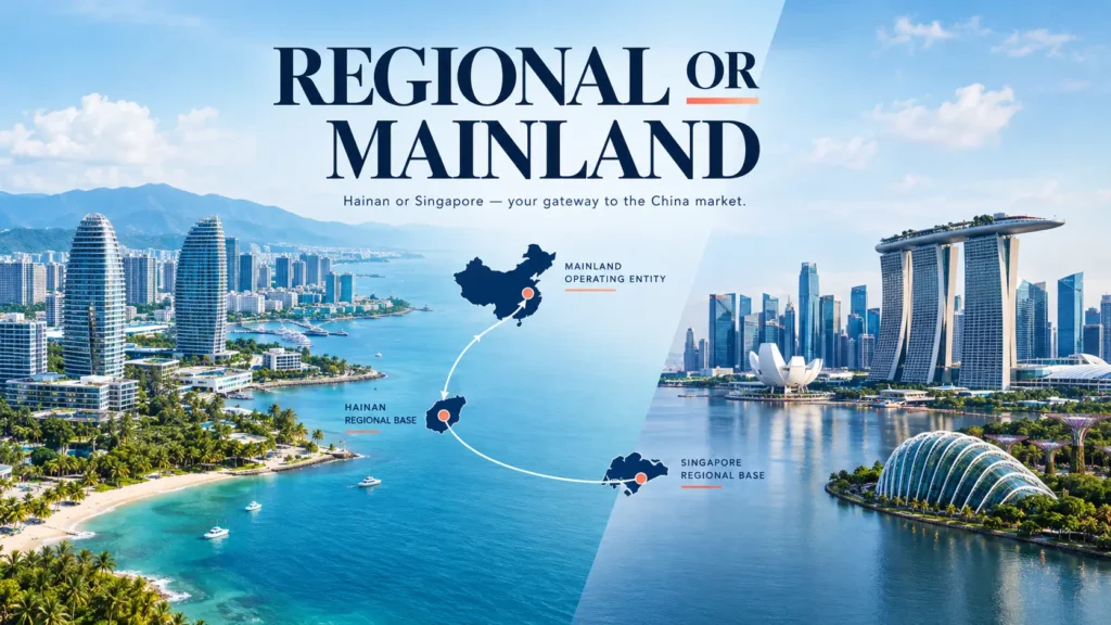Split composition comparing a Hainan business district with a Singapore skyline for China market entry planning