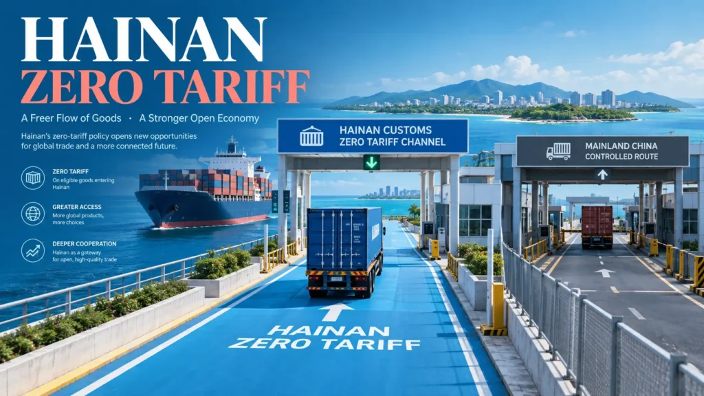 Shipping container entering Hainan through a simplified zero-tariff customs route for an eligible company