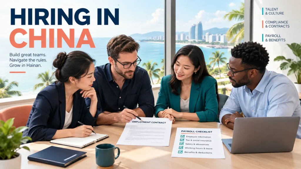International business team reviewing an employment contract and payroll checklist in a Hainan office