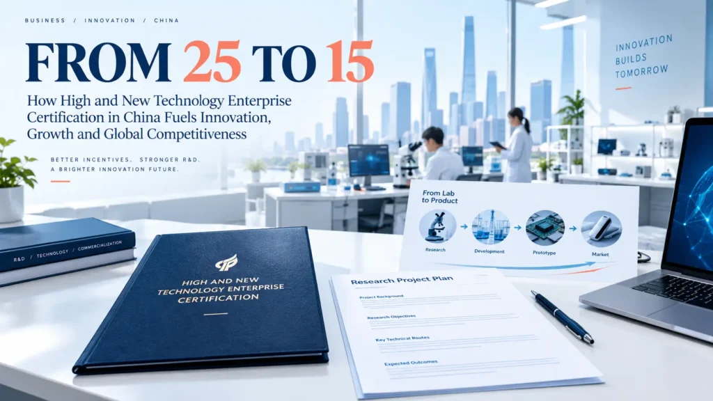 Research project plan and IP folder on a technology desk representing HNTE certification in China