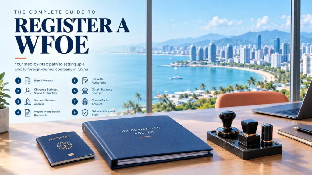 Step-by-step WFOE registration outline, passport and company seals on a founder's desk in China