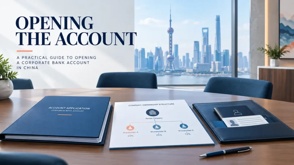Corporate account application file and ownership diagram prepared for a bank meeting in China