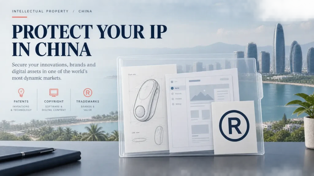 Trademark, product design and software documents organized for intellectual property protection in China