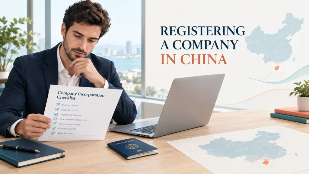 Foreign entrepreneur reviewing a company registration checklist beside a laptop and passport in China