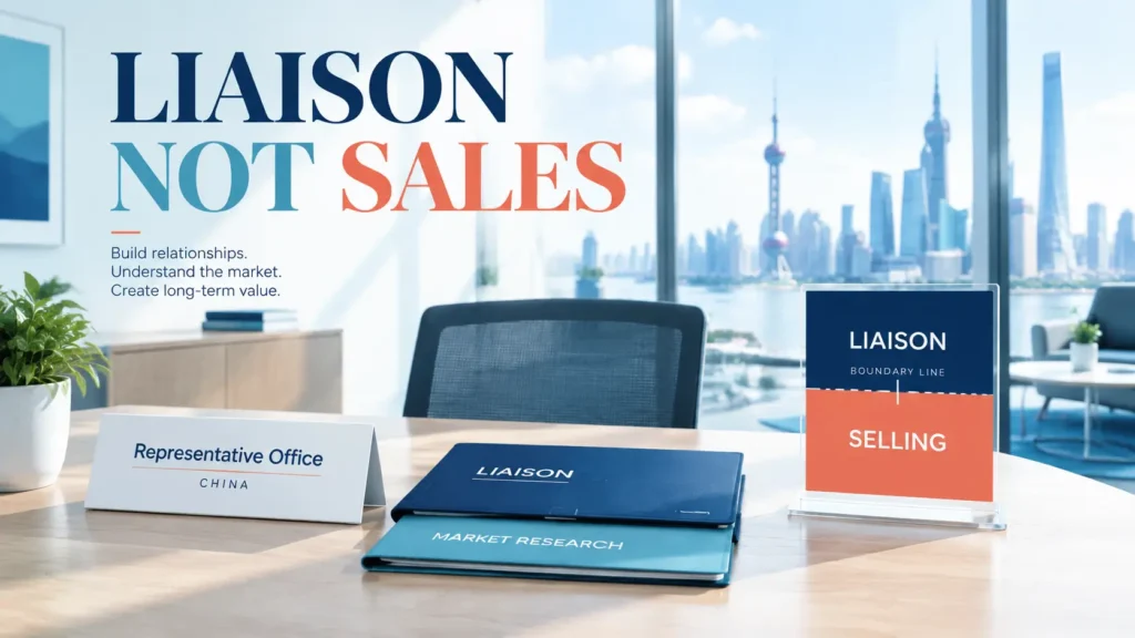 Small liaison office desk with a nameplate representing the limited scope of a representative office in China