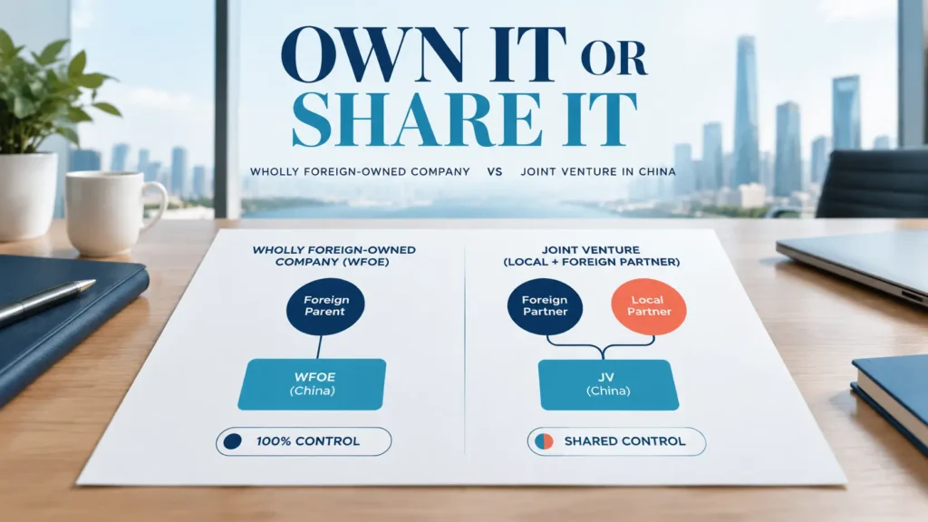Ownership diagram comparing a wholly foreign-owned company structure with a shared joint venture structure