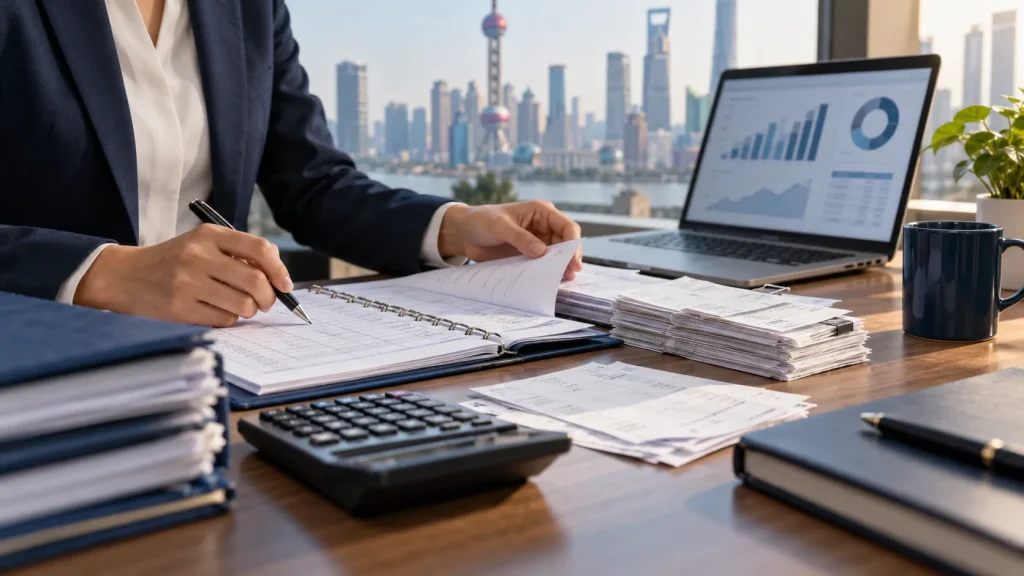 Accountant reviewing invoices and bookkeeping records for a China company