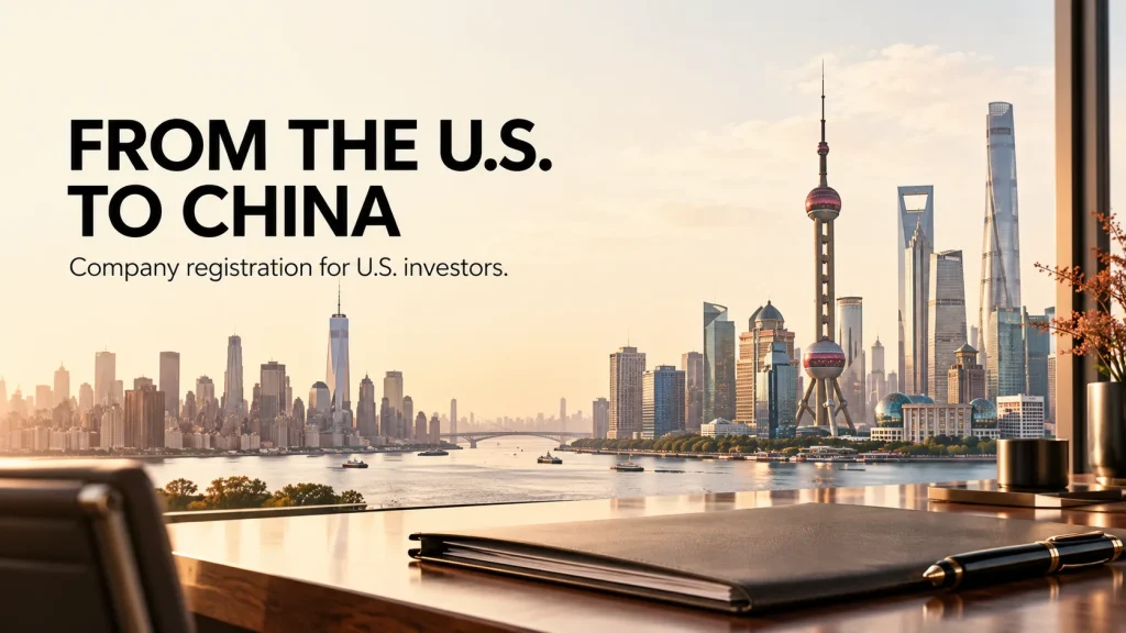 US and Chinese city skylines behind a document folder and pen for company registration