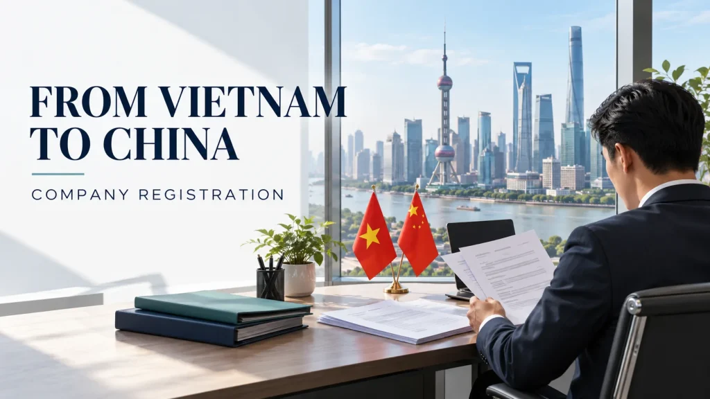 Vietnamese entrepreneur reviewing company documents beside Vietnamese and Chinese desk flags