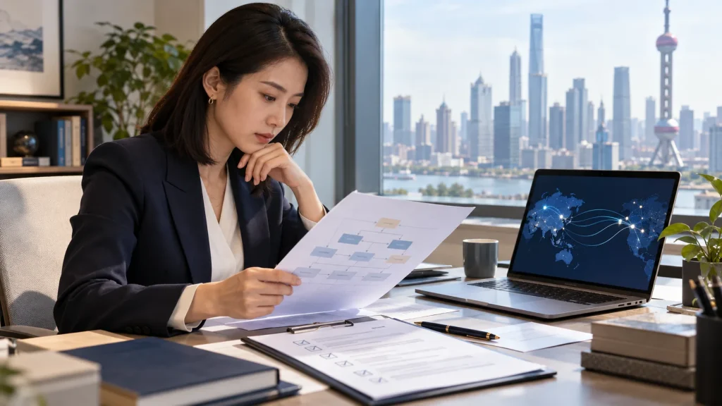 Compliance specialist reviewing a cross-border data flow and privacy checklist