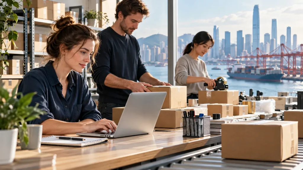 Team preparing cross-border e-commerce parcels for shipment to Chinese consumers