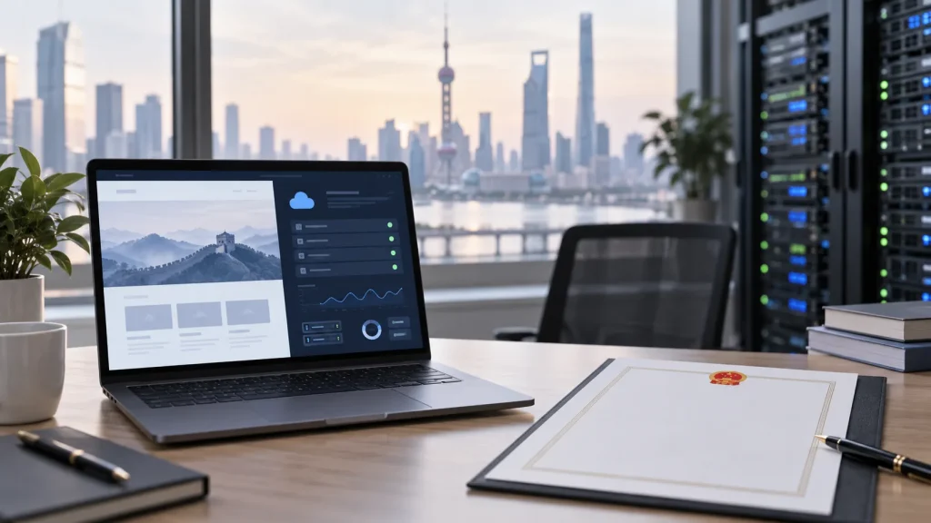 Laptop website dashboard beside server equipment and a blank approval document