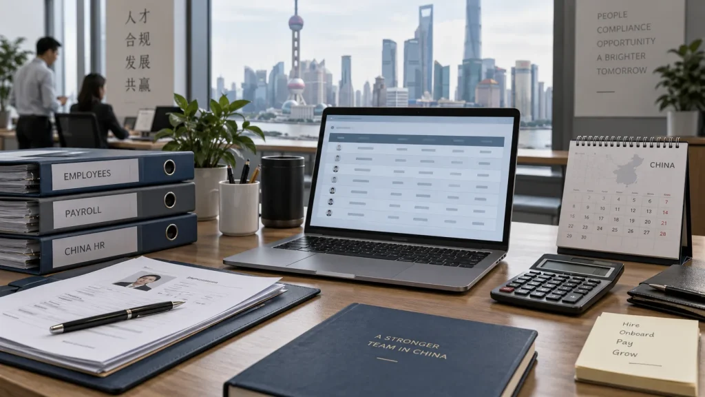 Payroll folders, laptop and calculator on an office desk in China