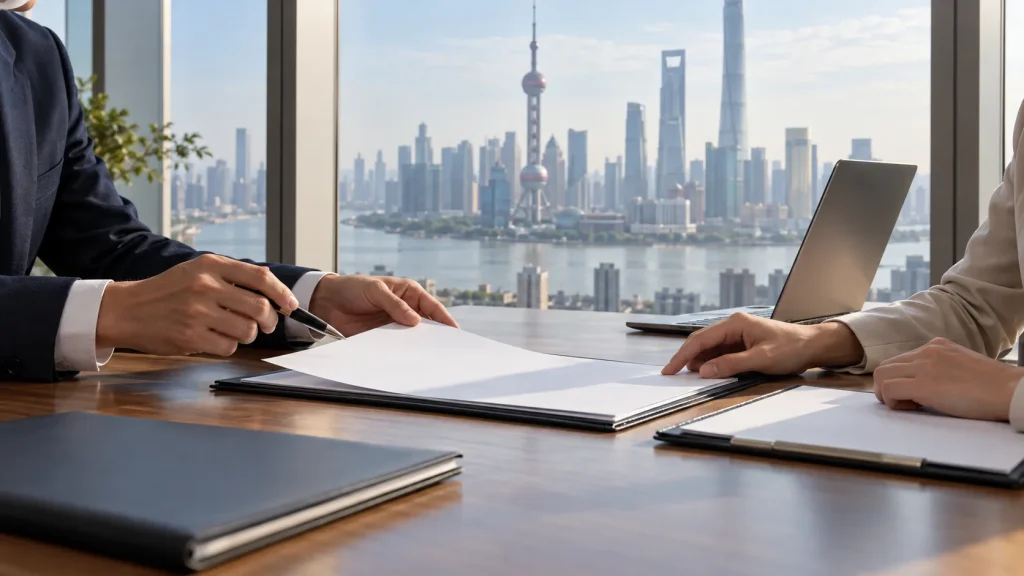 Two colleagues reviewing company documents in an office overlooking Shanghai