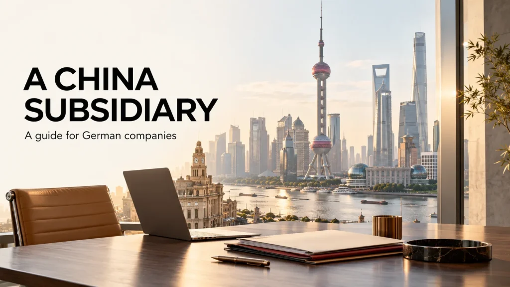 Shanghai skyline above a desk with a laptop and corporate documents