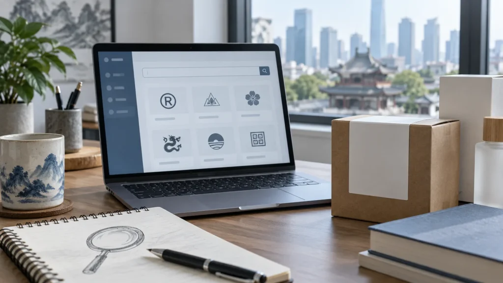 Laptop with a trademark search screen beside unbranded product packaging