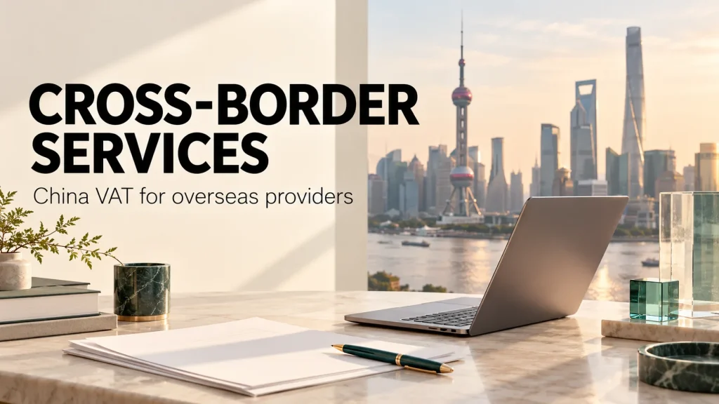 Laptop and service documents on a desk overlooking the Shanghai skyline