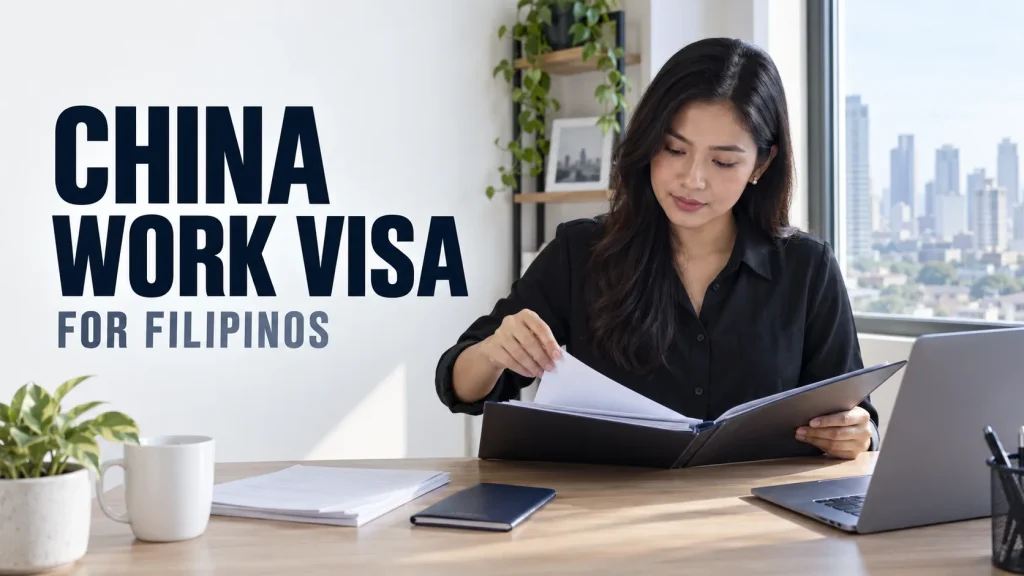 Filipino professional organising China work-visa documents beside a laptop