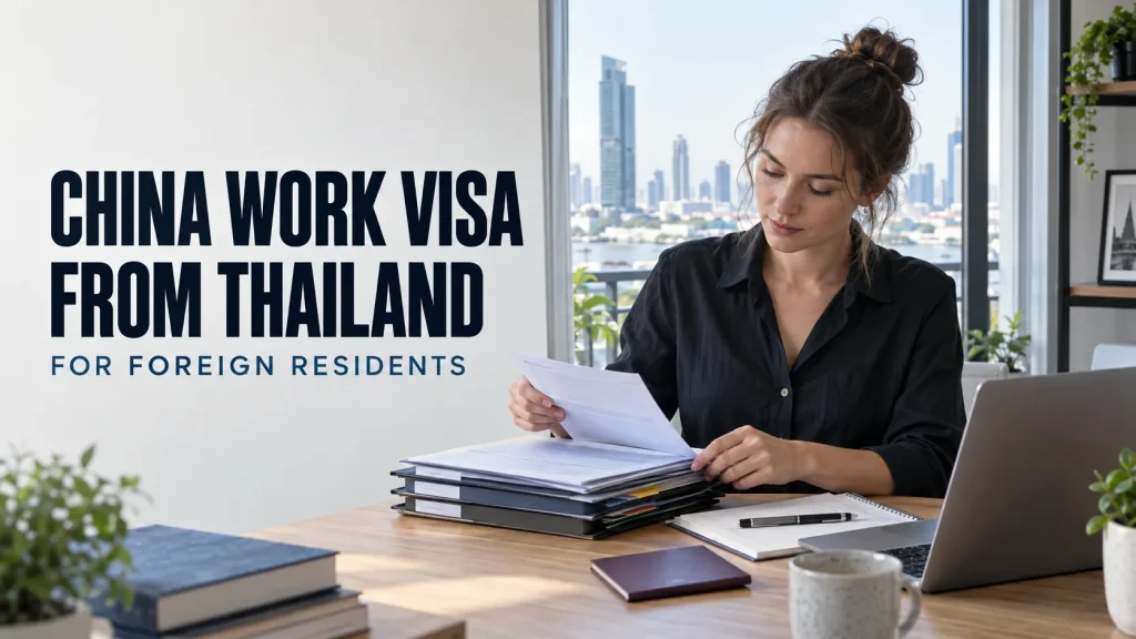 Foreign resident reviewing China work-visa documents in a Bangkok workspace