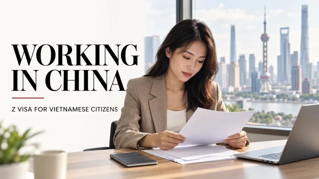Vietnamese professional reviewing documents for a China work visa beside a Shanghai city view