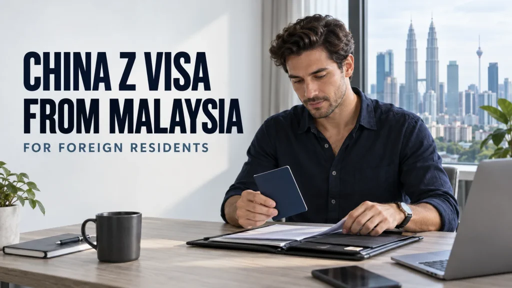 Foreign resident preparing China Z visa documents with the Kuala Lumpur skyline behind him