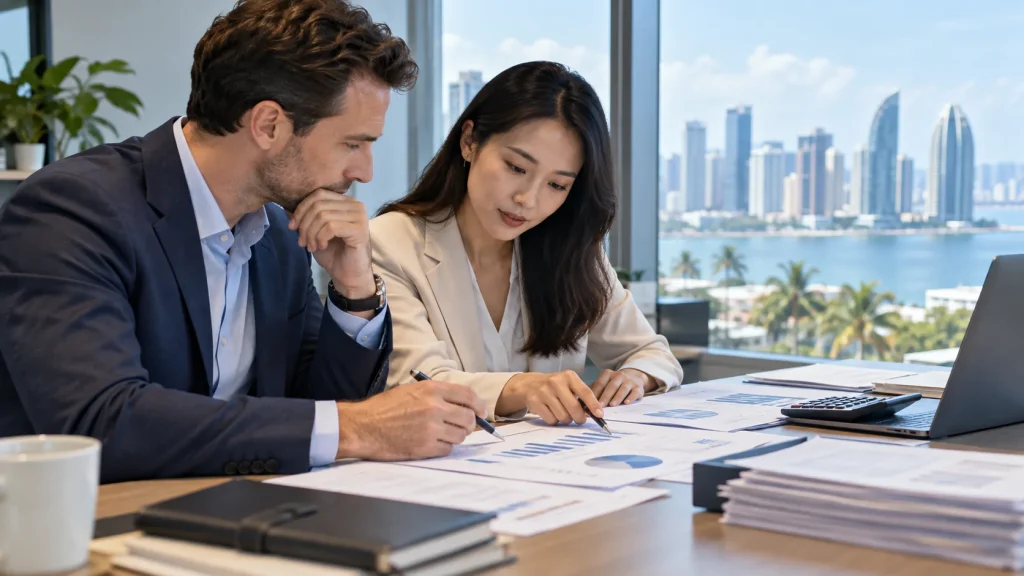 Foreign shareholder and accountant reviewing a dividend calculation in a Hainan office