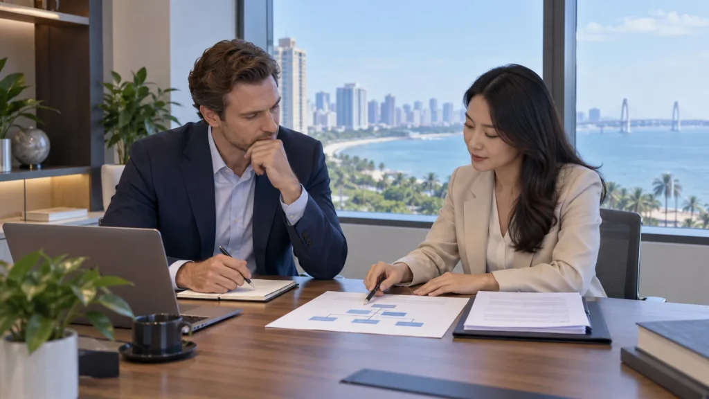 Foreign founder and adviser reviewing a company ownership plan in Hainan
