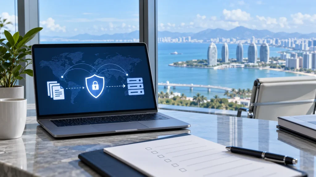 Laptop showing an abstract secure data transfer interface overlooking Hainan's coast